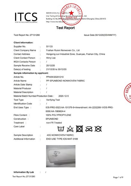 China Foshan Rayson Non Woven Co.,Ltd Certificações