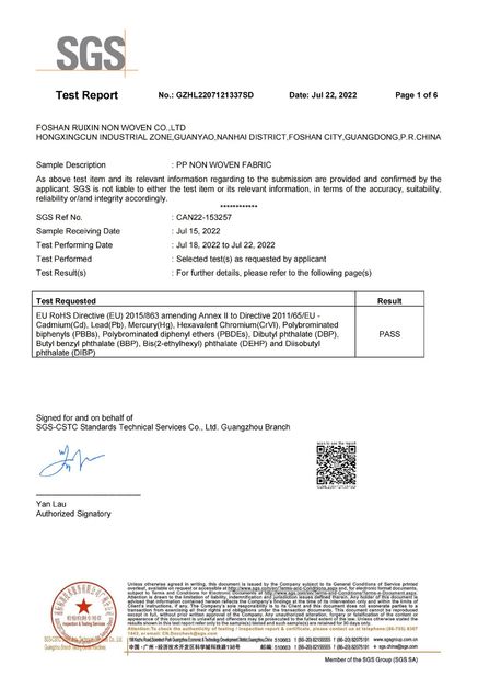 China FOSHAN RUIXIN NON WOVEN CO.,LTD Certificações