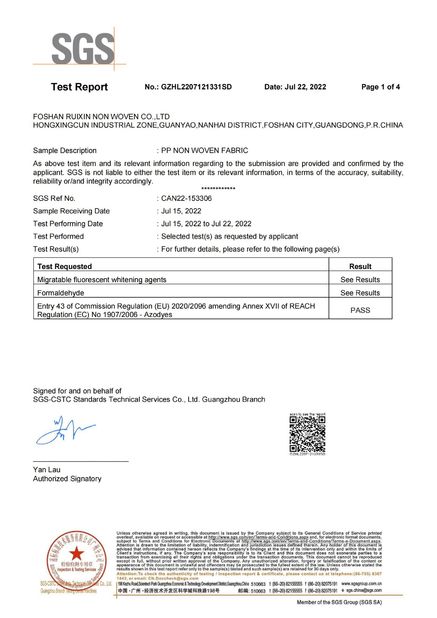 China FOSHAN RUIXIN NON WOVEN CO.,LTD Certificações