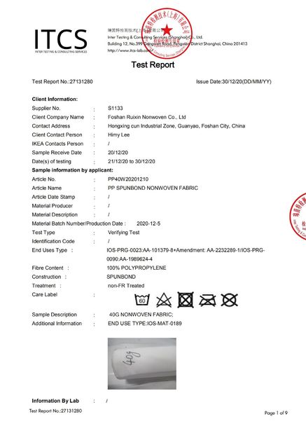 China FOSHAN RUIXIN NON WOVEN CO.,LTD Certificações