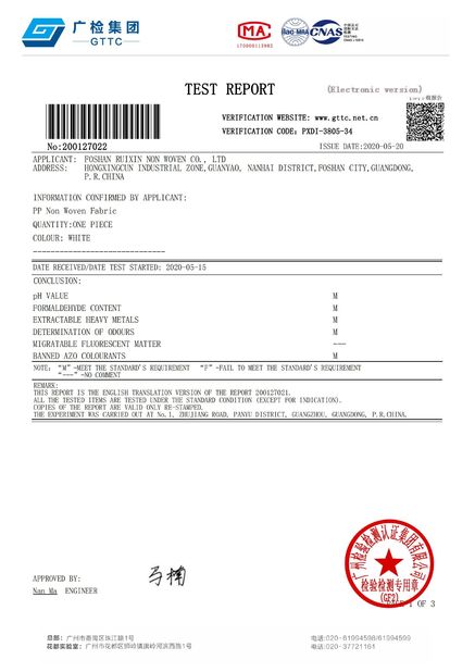 China FOSHAN RUIXIN NON WOVEN CO.,LTD Certificações